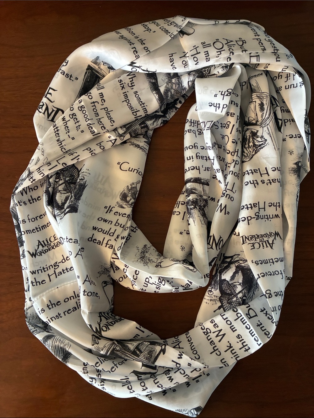 Alice in Wonderland Text & Illustration Scarf - Black on Cream Satin